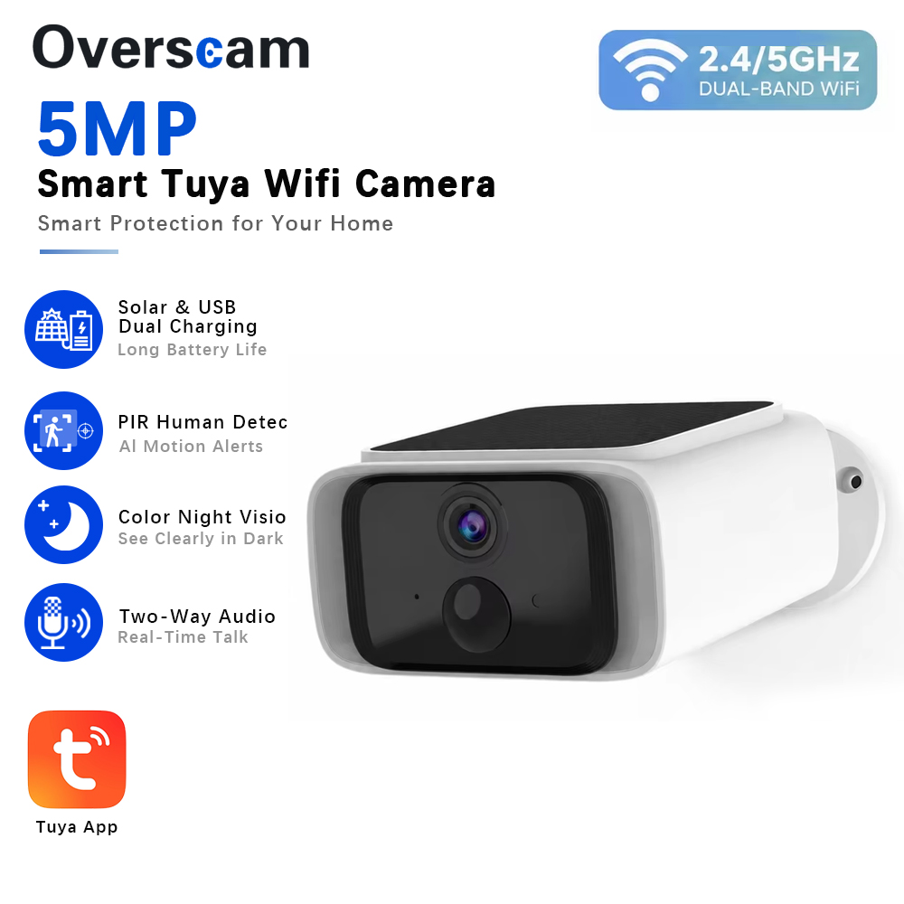 Home Security Kamera - Tuya 5MP Solar-Überwachungskamera, kabellose 2,4/5G-WLAN-Kamera für